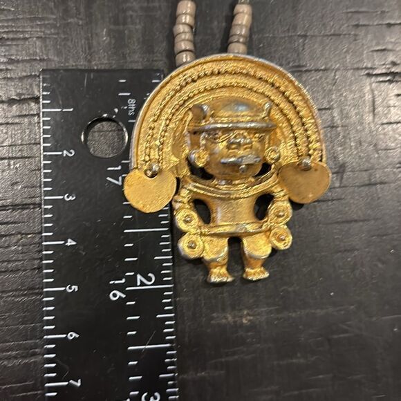 Vintage Anthropomorphic Figure Diadem Gold Tone Aztec Massive Pendant Necklace - Picture 8 of 8